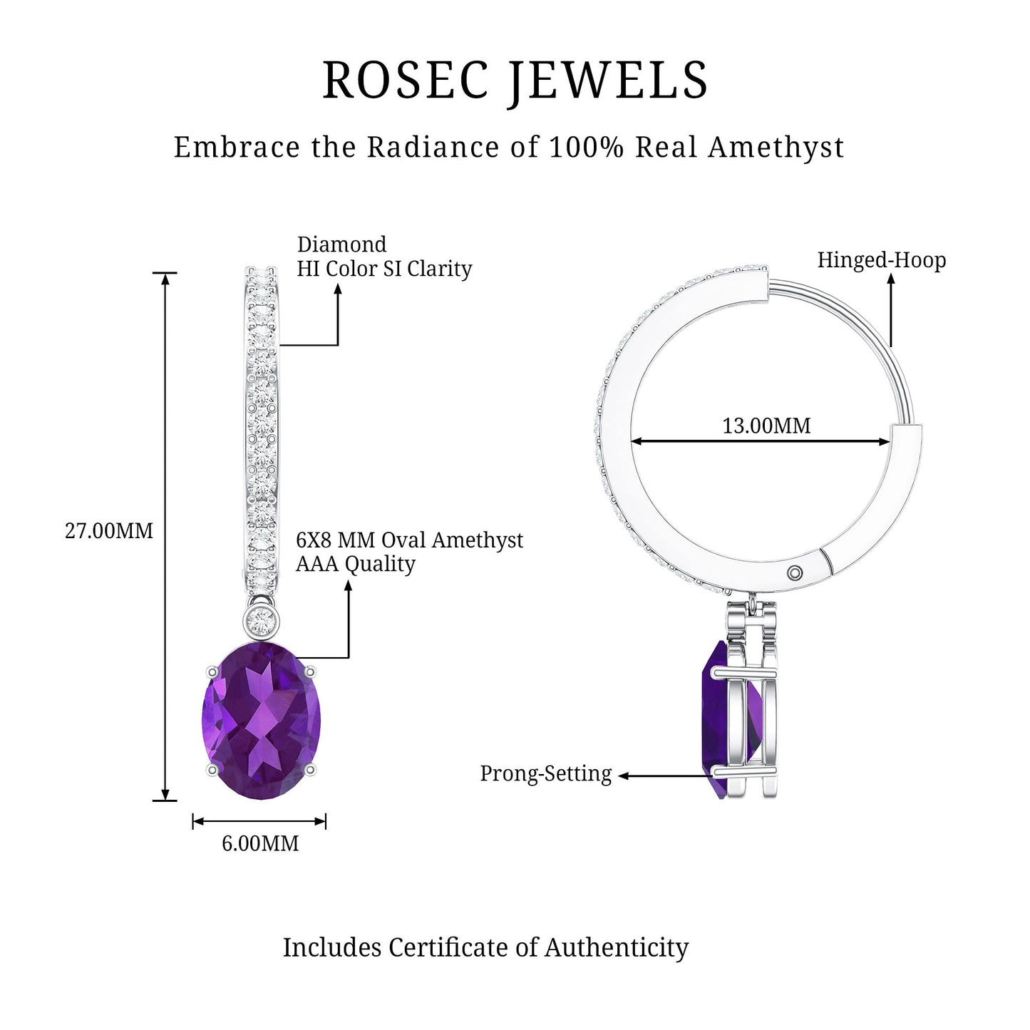 Real 2.2 Carat Oval Amethyst Diamond Hoop Earrings With Diamonds