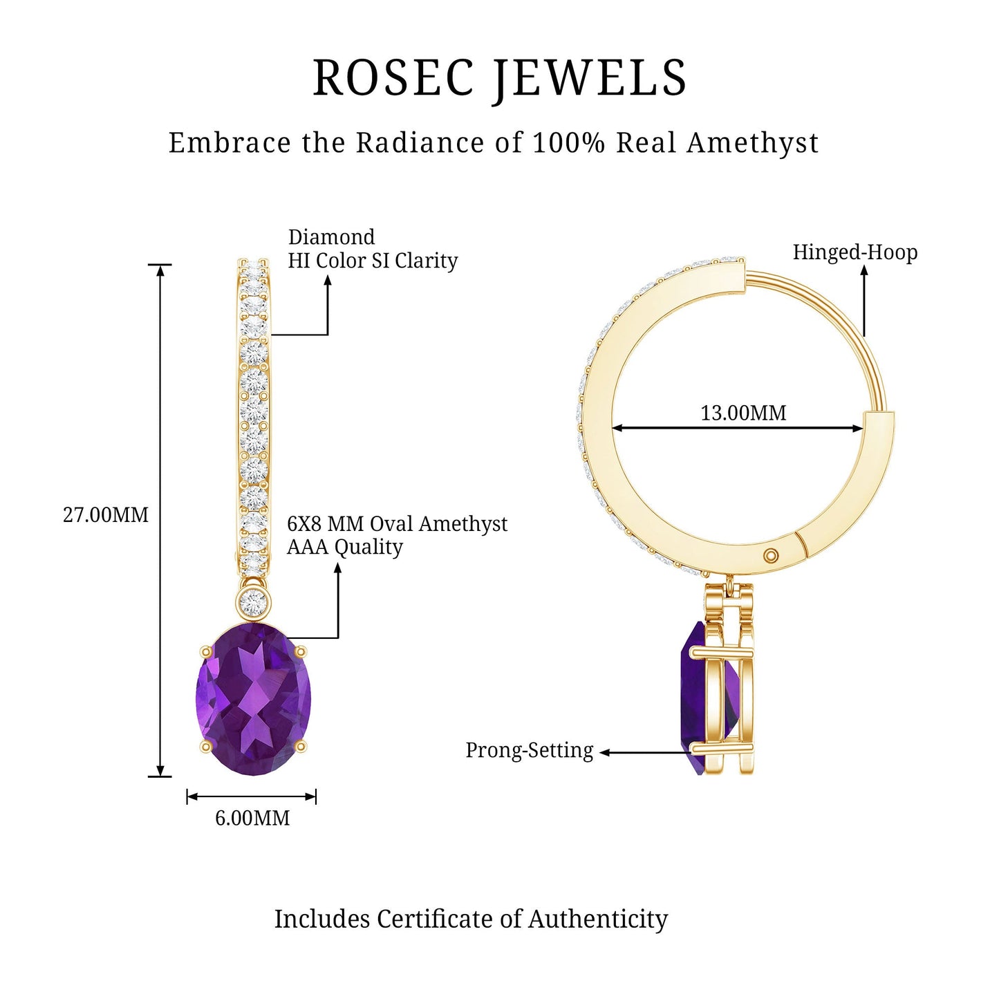 Real 2.2 Carat Oval Amethyst Diamond Hoop Earrings With Diamonds