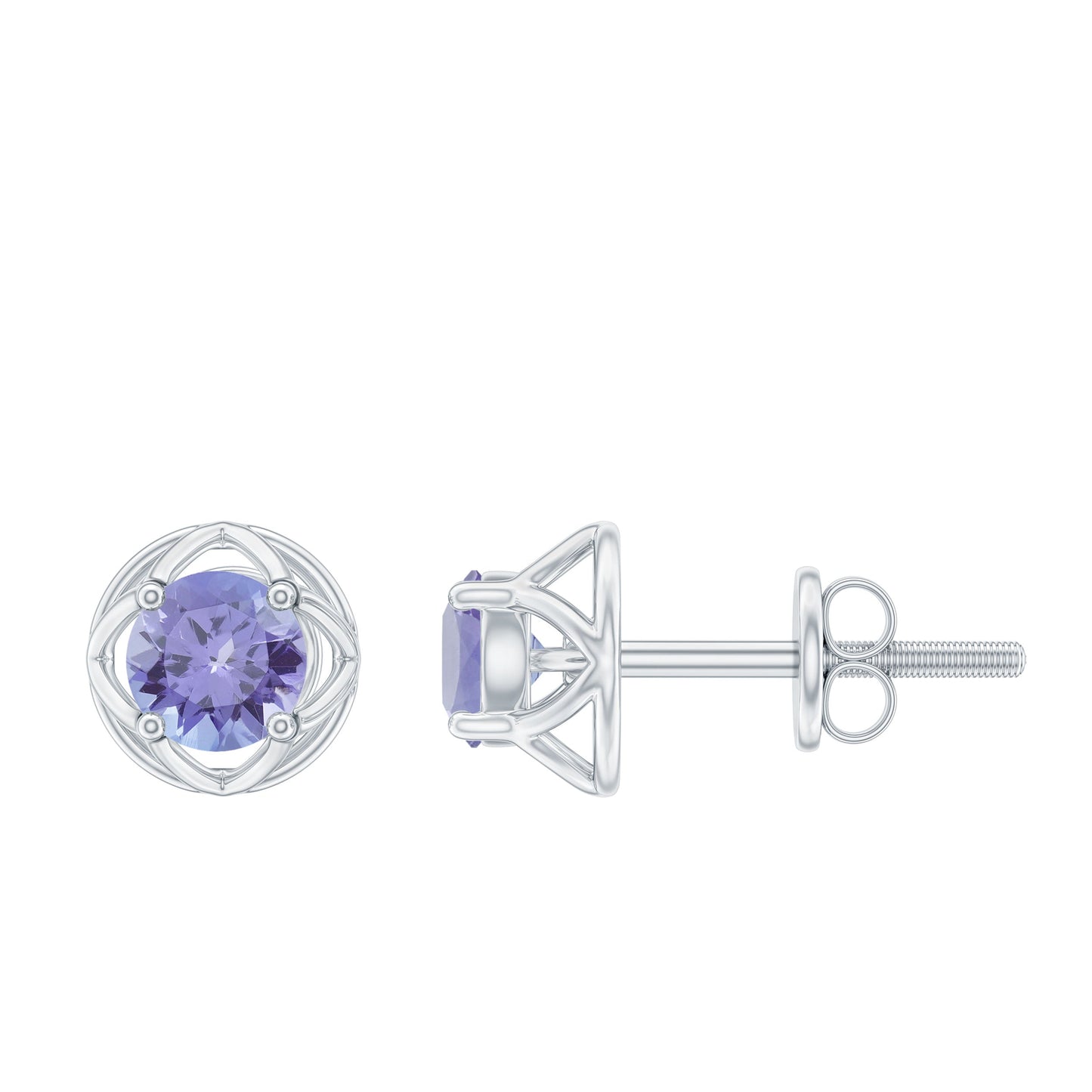 Round Tanzanite Solitaire Flower Stud Earrings