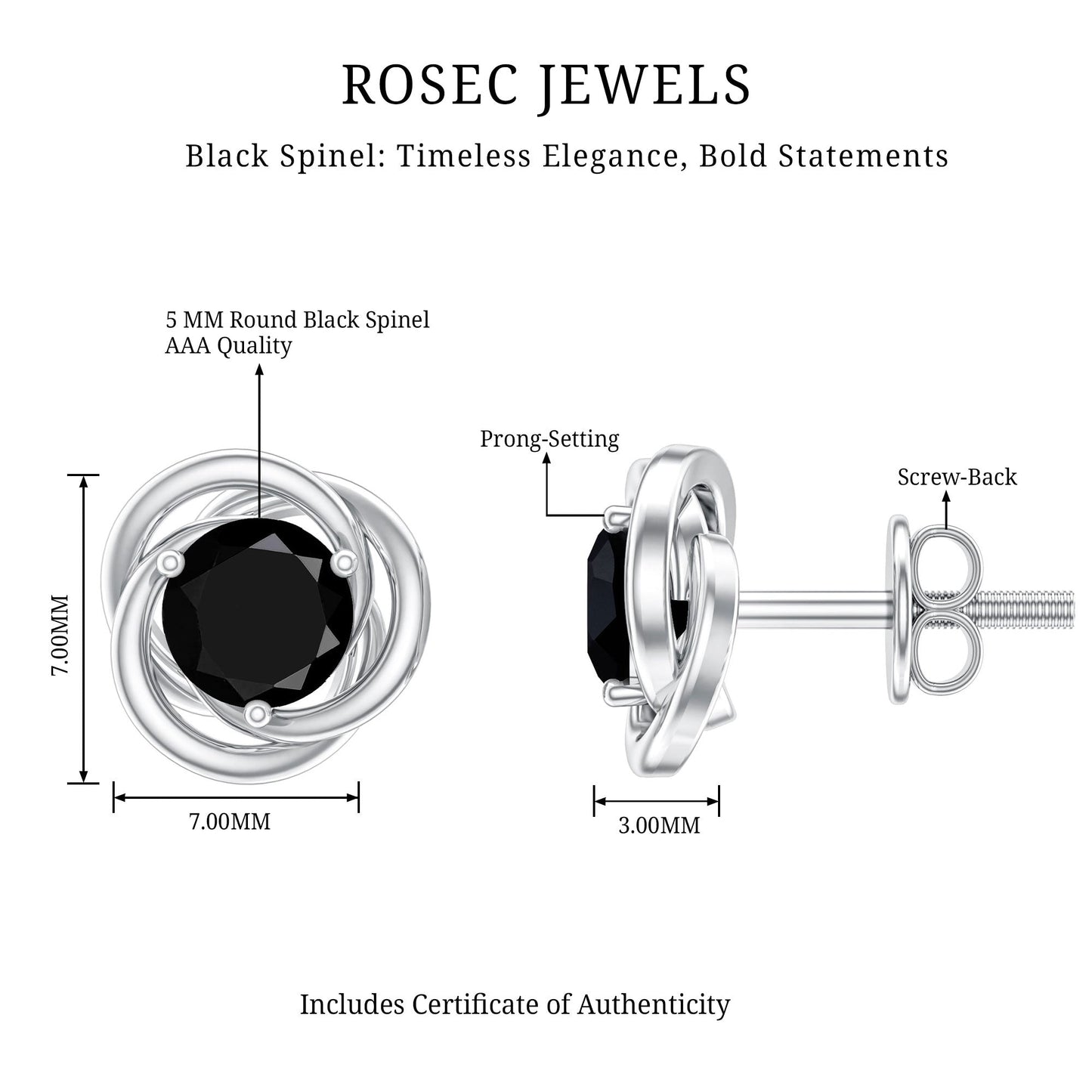 0.9 Carat Black Spinel Swirl Stud Earrings with Screw Backs