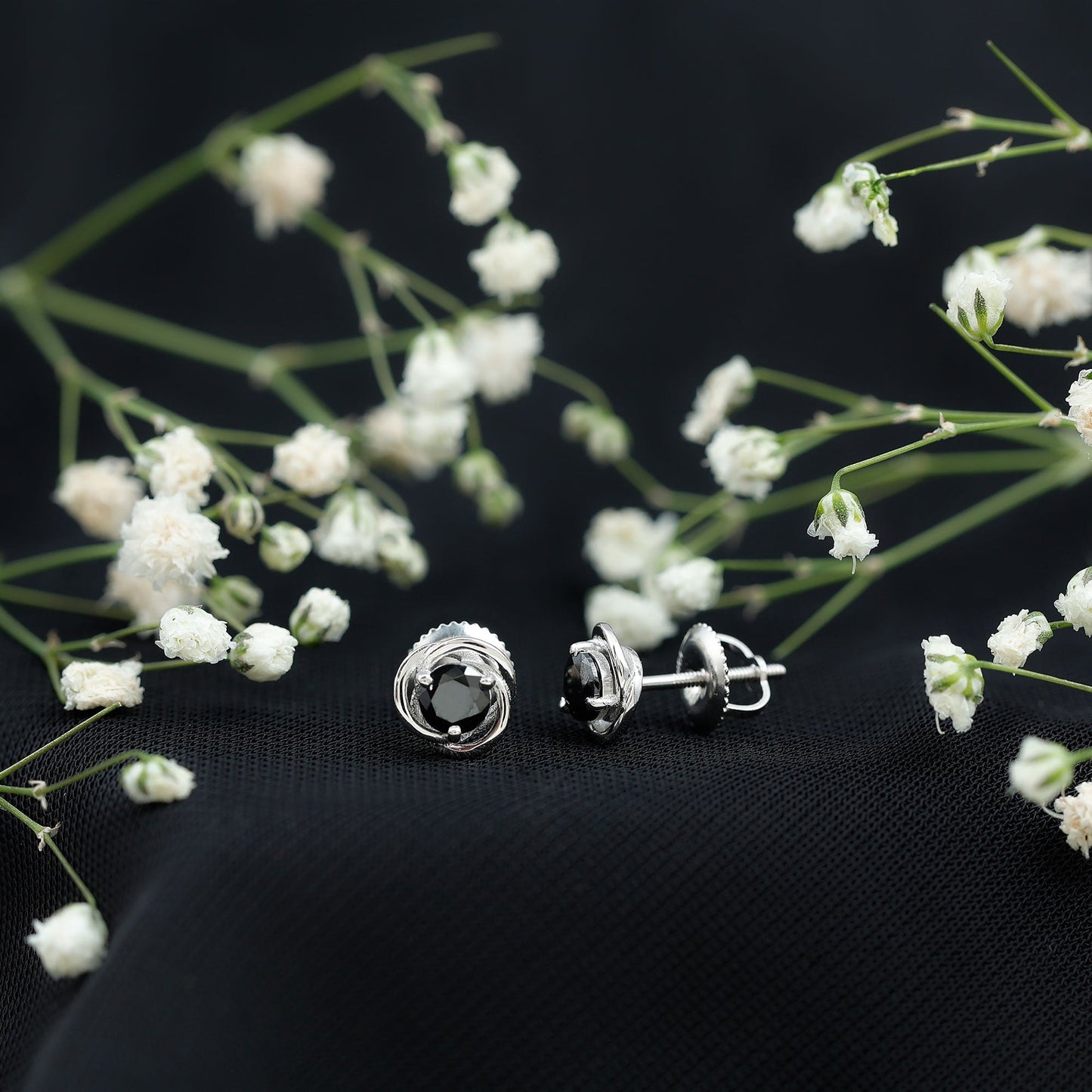 0.9 Carat Black Spinel Swirl Stud Earrings with Screw Backs