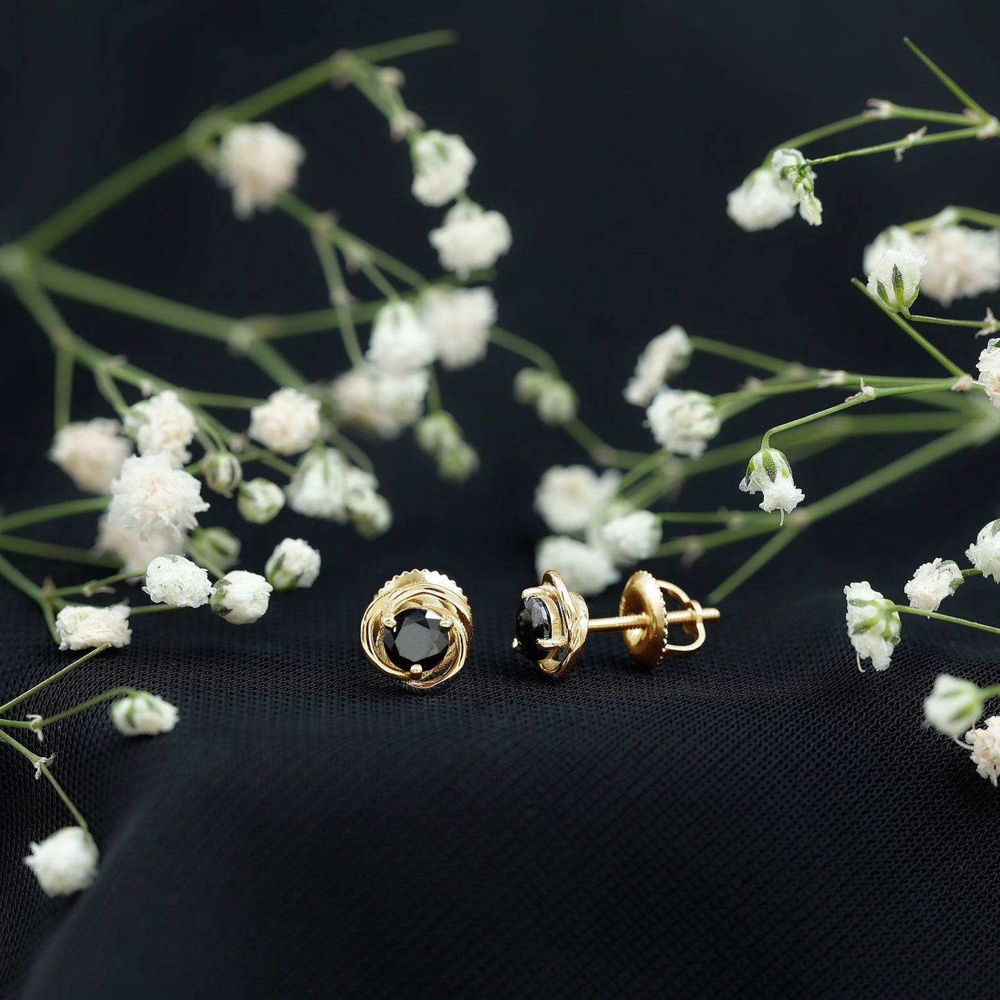 0.9 Carat Black Spinel Swirl Stud Earrings with Screw Backs