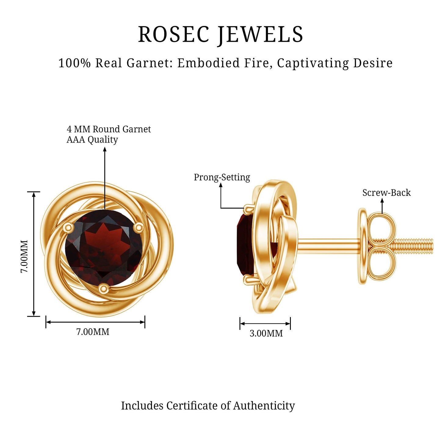 Solitaire 0.6 Carat Garnet Swirl Stud Earrings in 3 Prong Setting