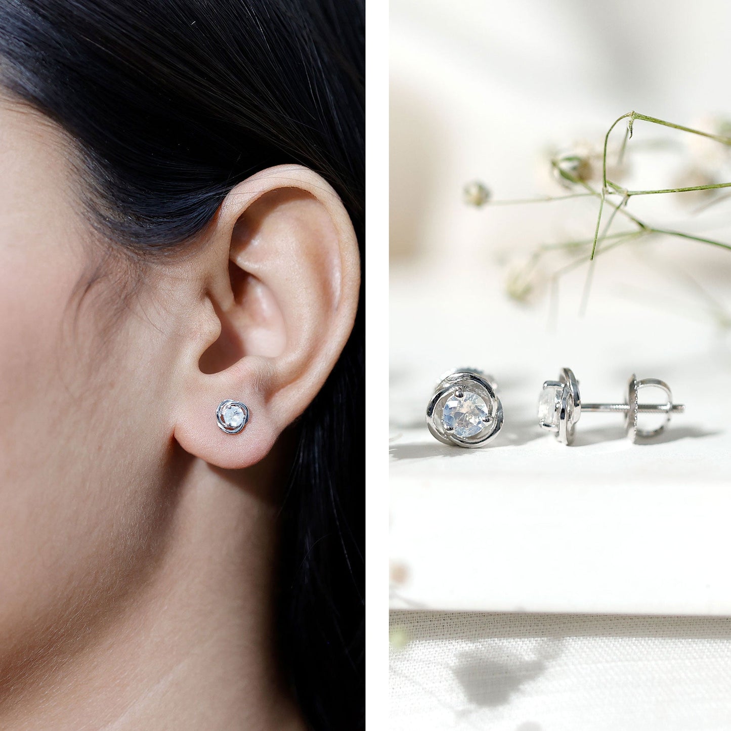 Solitaire Moonstone Swirl Stud Earrings with Certificate