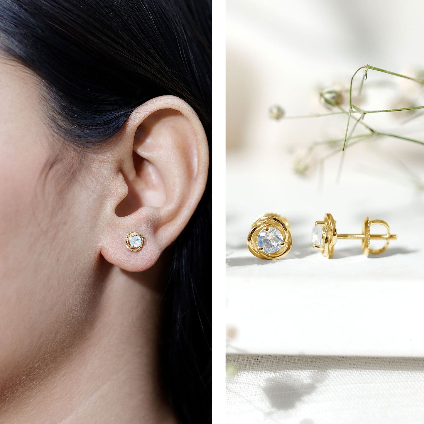 Solitaire Moonstone Swirl Stud Earrings with Certificate