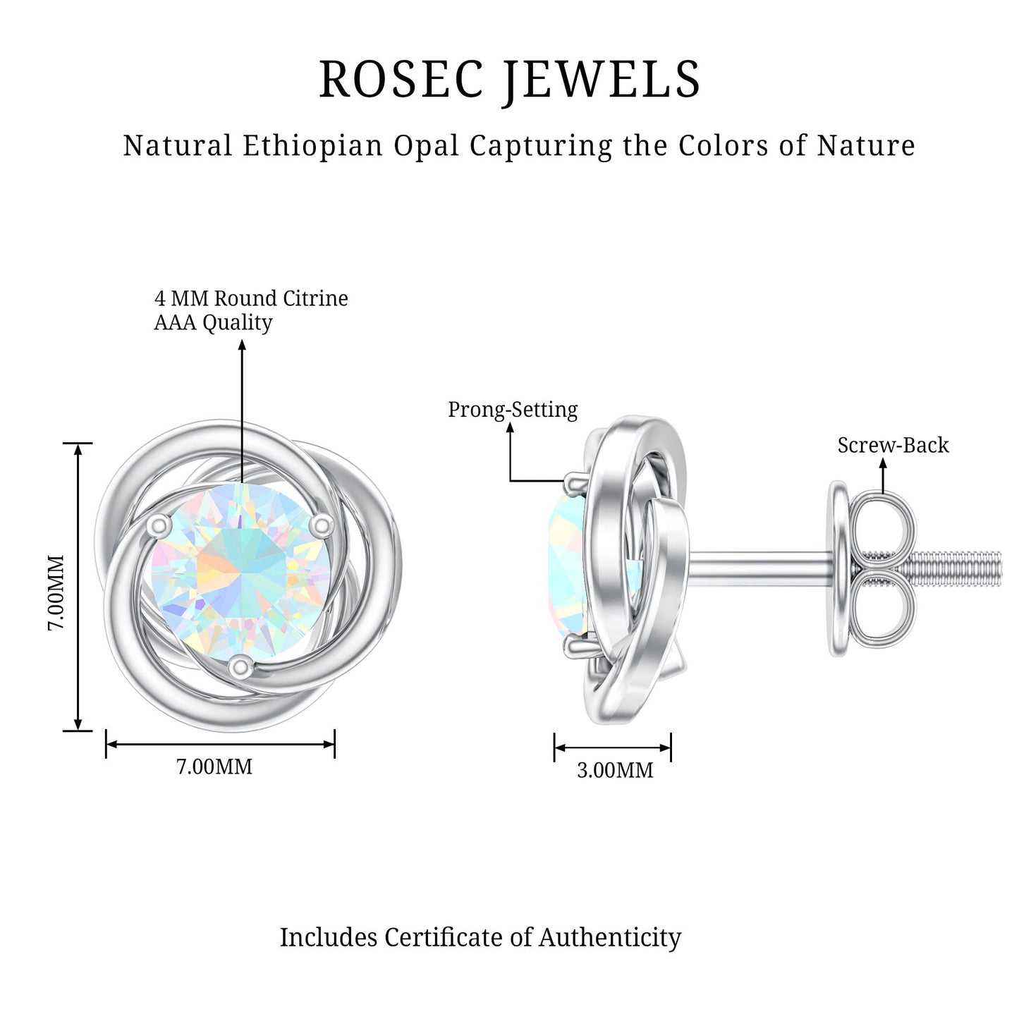 Round Cut Solitaire Ethiopian Opal Swirl Stud Earrings