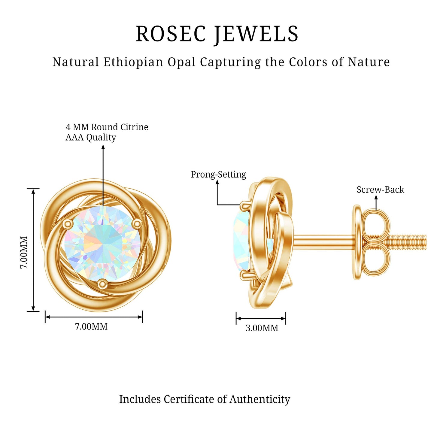 Round Cut Solitaire Ethiopian Opal Swirl Stud Earrings