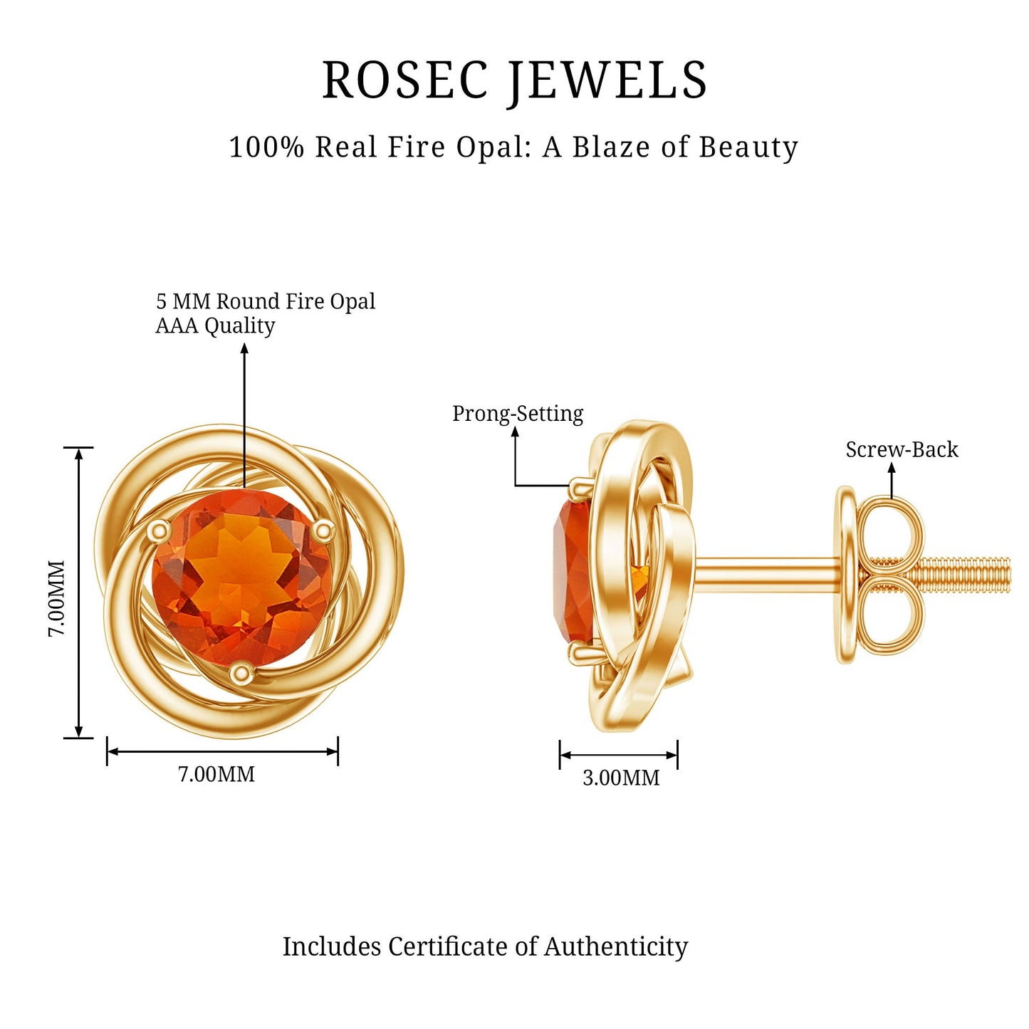 Solitaire 0.9 Carat Fire Opal Swirl Stud Earrings in 3 Prong Setting