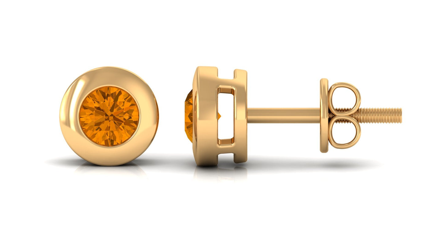 1 Carat Natural Citrine Solitaire Stud Earrings in Bezel Setting