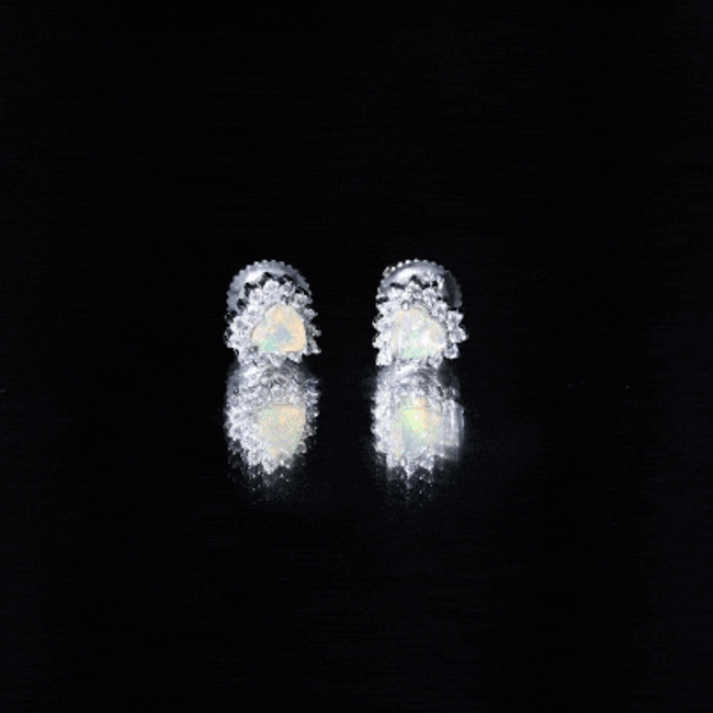 1.5 Carat Natural Ethiopian Opal Heart Earrings with Diamond Halo