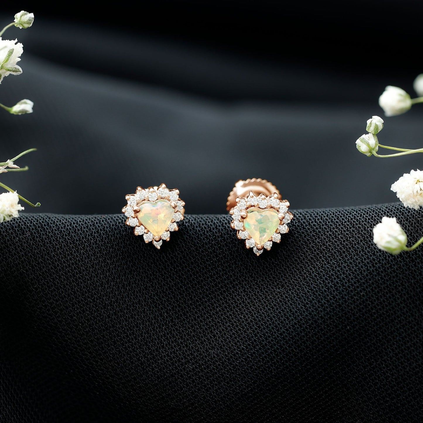 1.5 Carat Natural Ethiopian Opal Heart Earrings with Diamond Halo