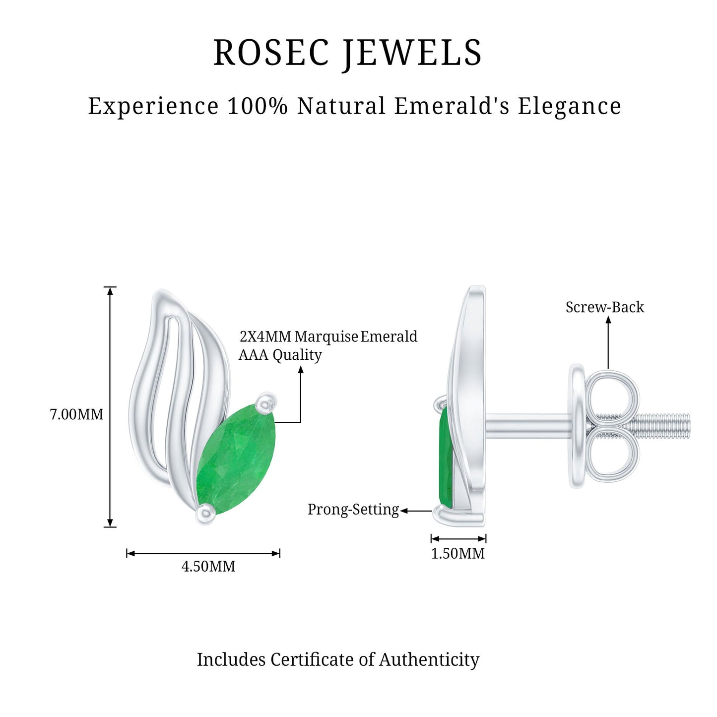 Natural Inspired Marquise Emerald Leaf Earrings with Screw Back