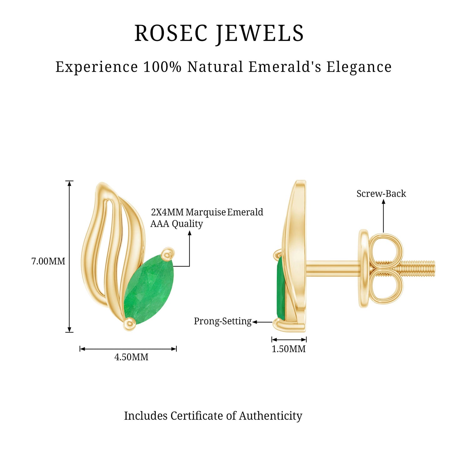 Natural Inspired Marquise Emerald Leaf Earrings with Screw Back