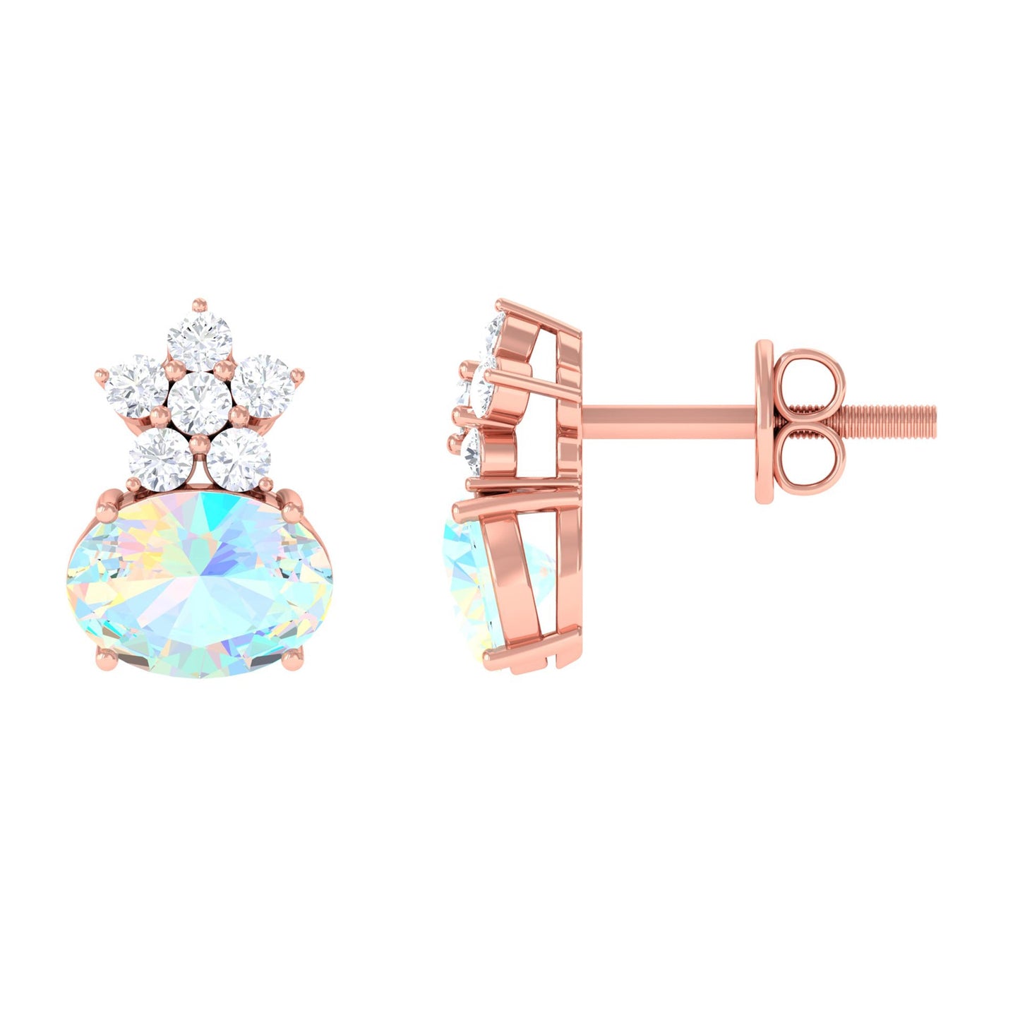 1.8 Carat Oval Ethiopian Opal Stud Earrings with Floral Diamond Accent