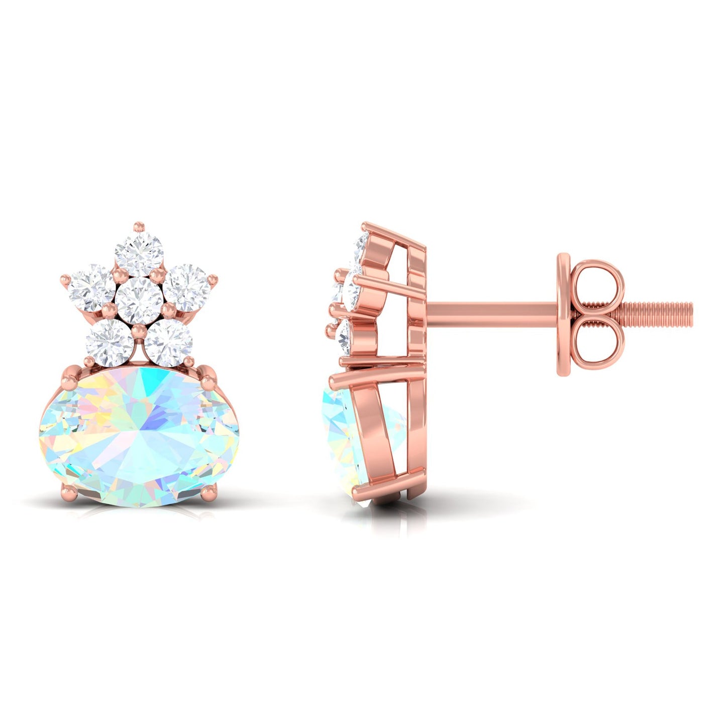 1.8 Carat Oval Ethiopian Opal Stud Earrings with Floral Diamond Accent