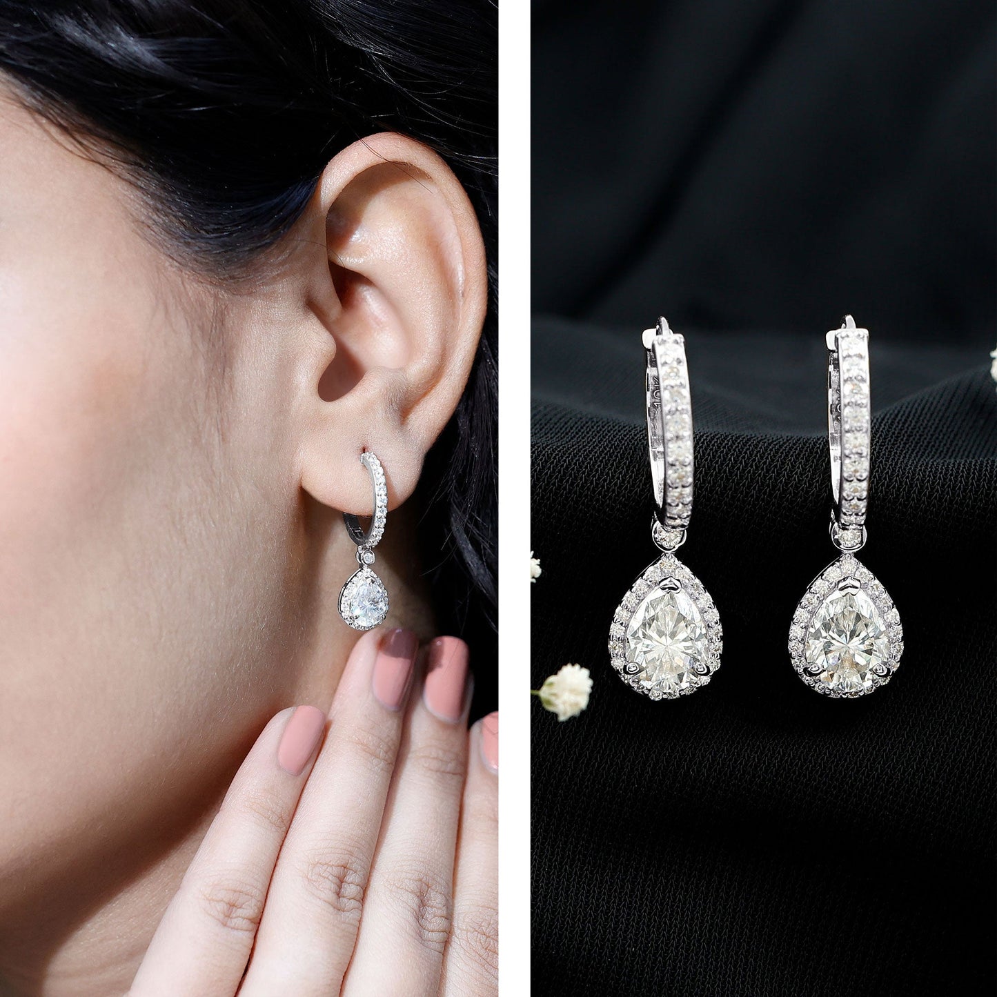 Certified Moissanite Teardrop Earrings with Hinged Hoop