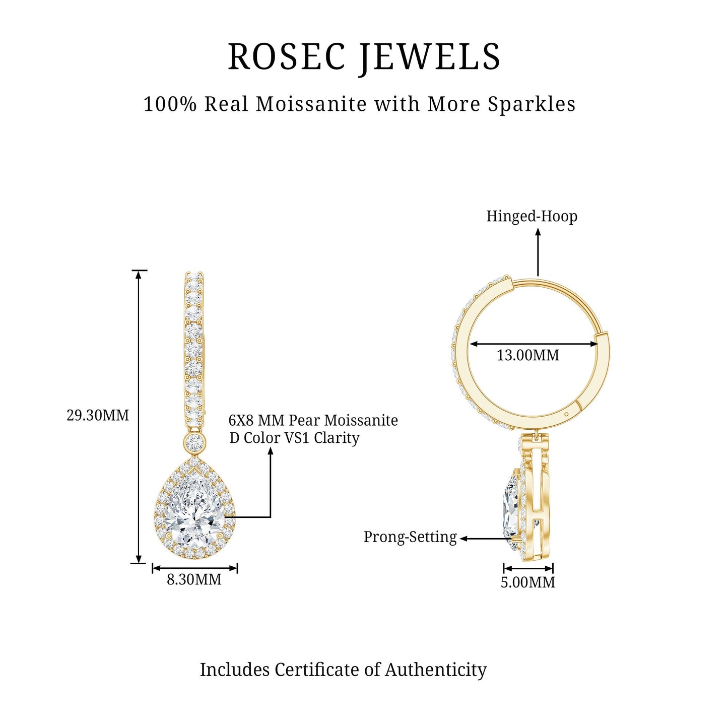 Certified Moissanite Teardrop Earrings with Hinged Hoop