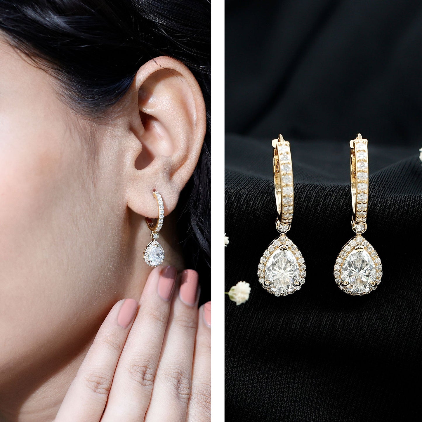 Certified Moissanite Teardrop Earrings with Hinged Hoop