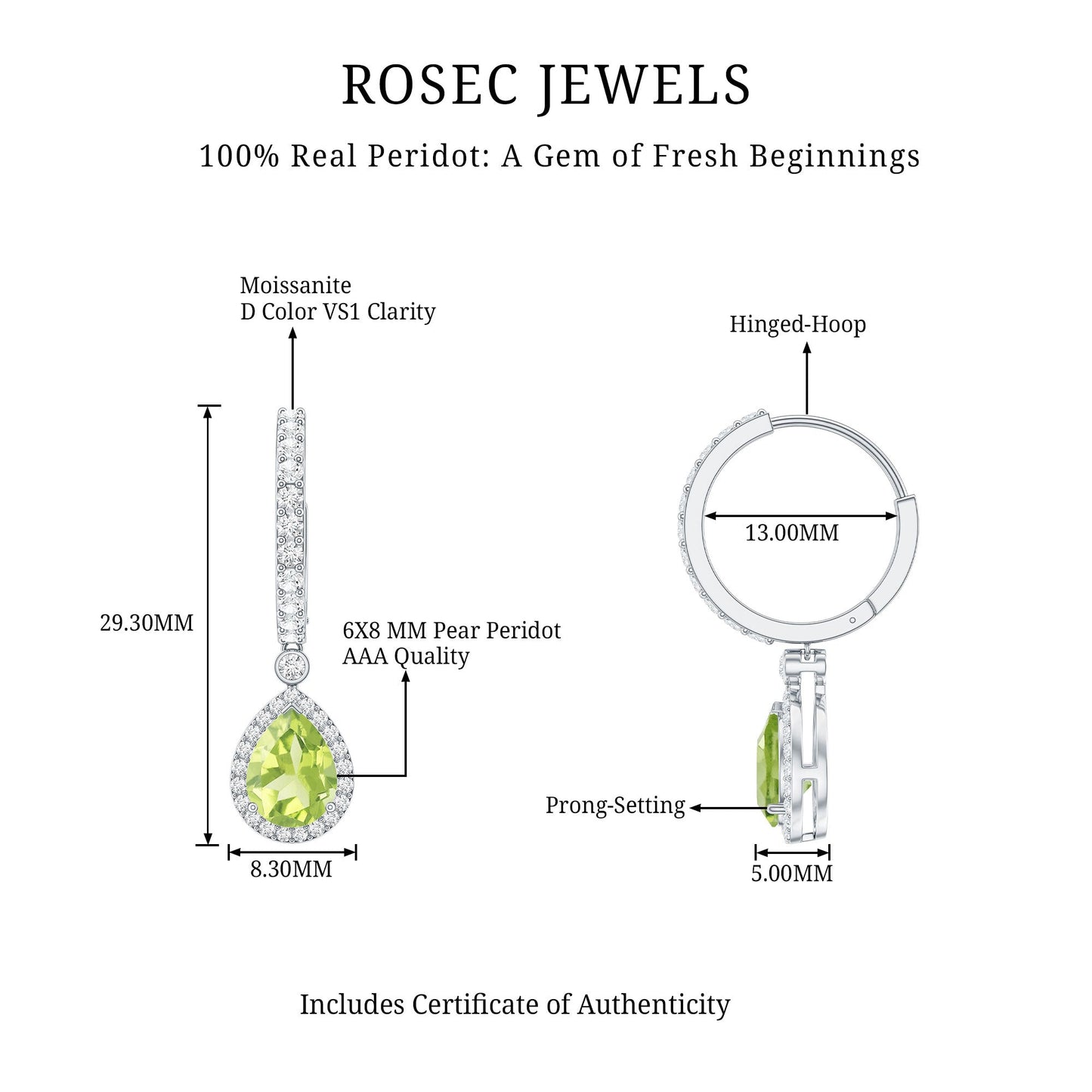 Classic 2 Carat Peridot Teardrop Earrings with Moissanite Hinged Hoop