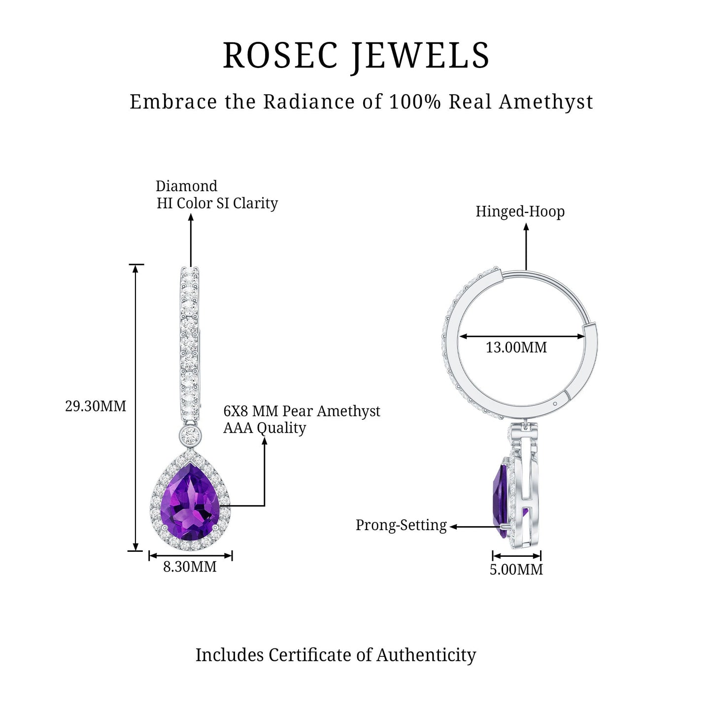Natural Amethyst Teardrop Earrings with Moissanite Hinged Hoop