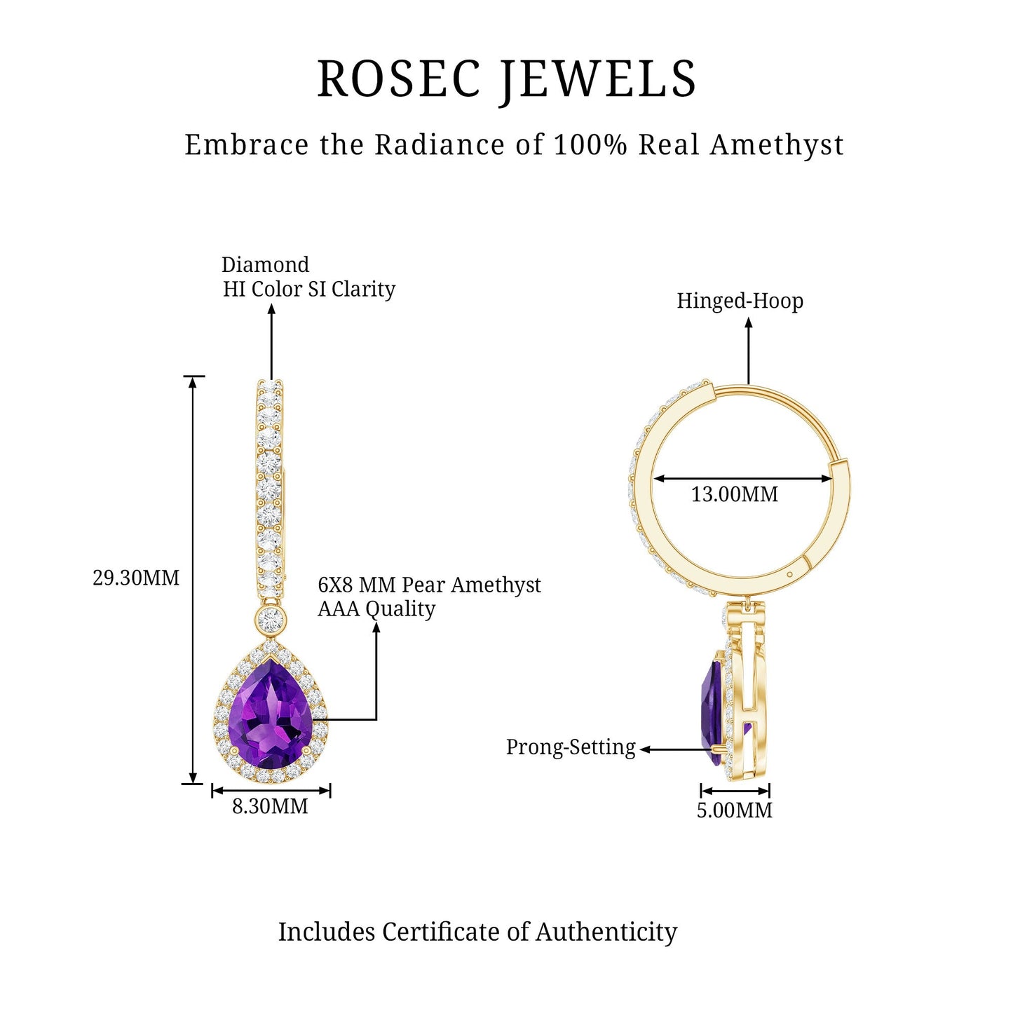 Natural Amethyst Teardrop Earrings with Moissanite Hinged Hoop