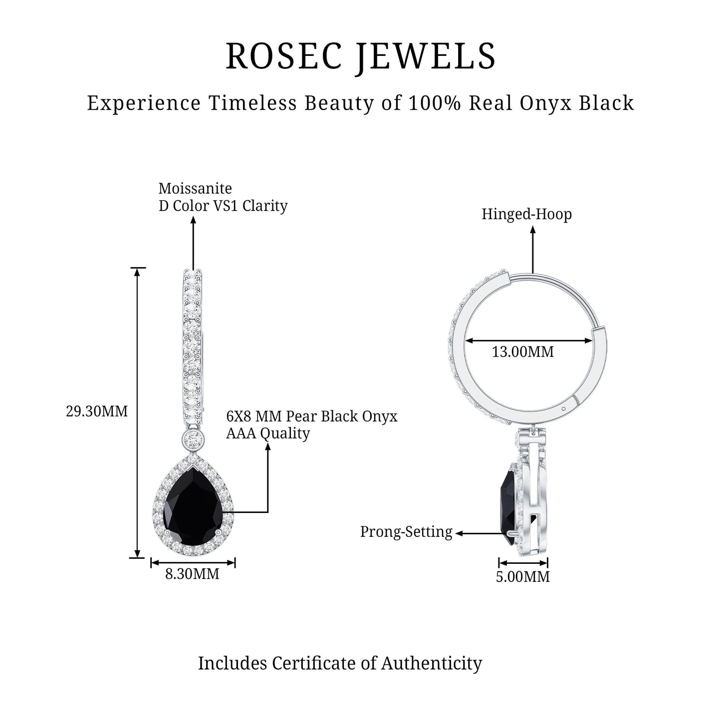 Natural Pear Shape Black Onyx Hoop Drop Earrings