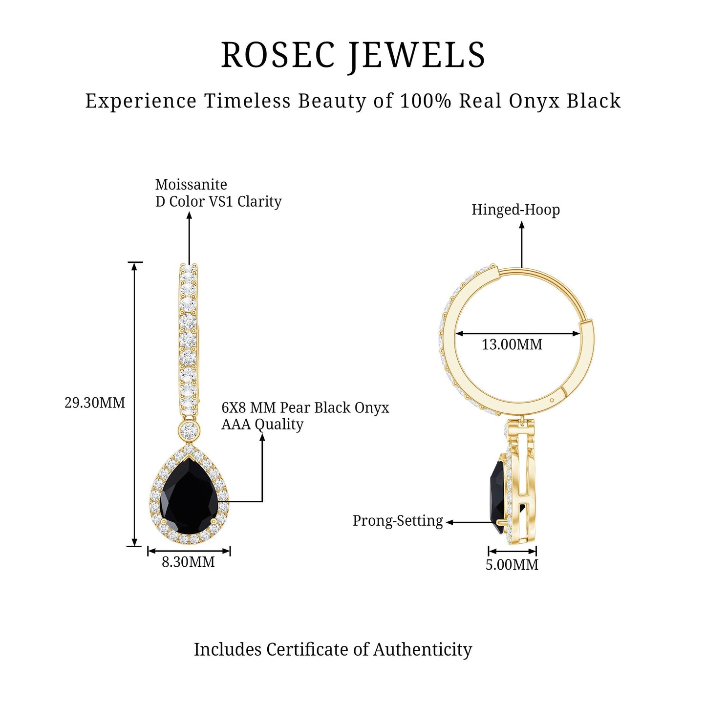 Natural Pear Shape Black Onyx Hoop Drop Earrings