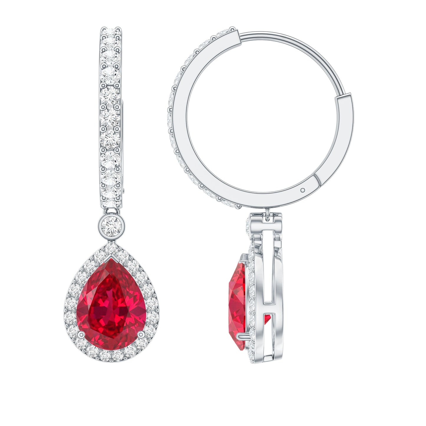 Lab Created Ruby and Moissanite Teardrop Hoop Earrings