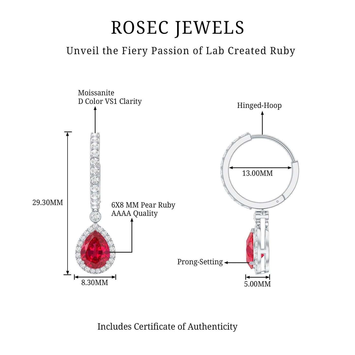 Lab Created Ruby and Moissanite Teardrop Hoop Earrings