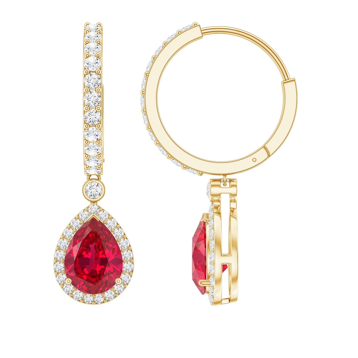 Lab Created Ruby and Moissanite Teardrop Hoop Earrings