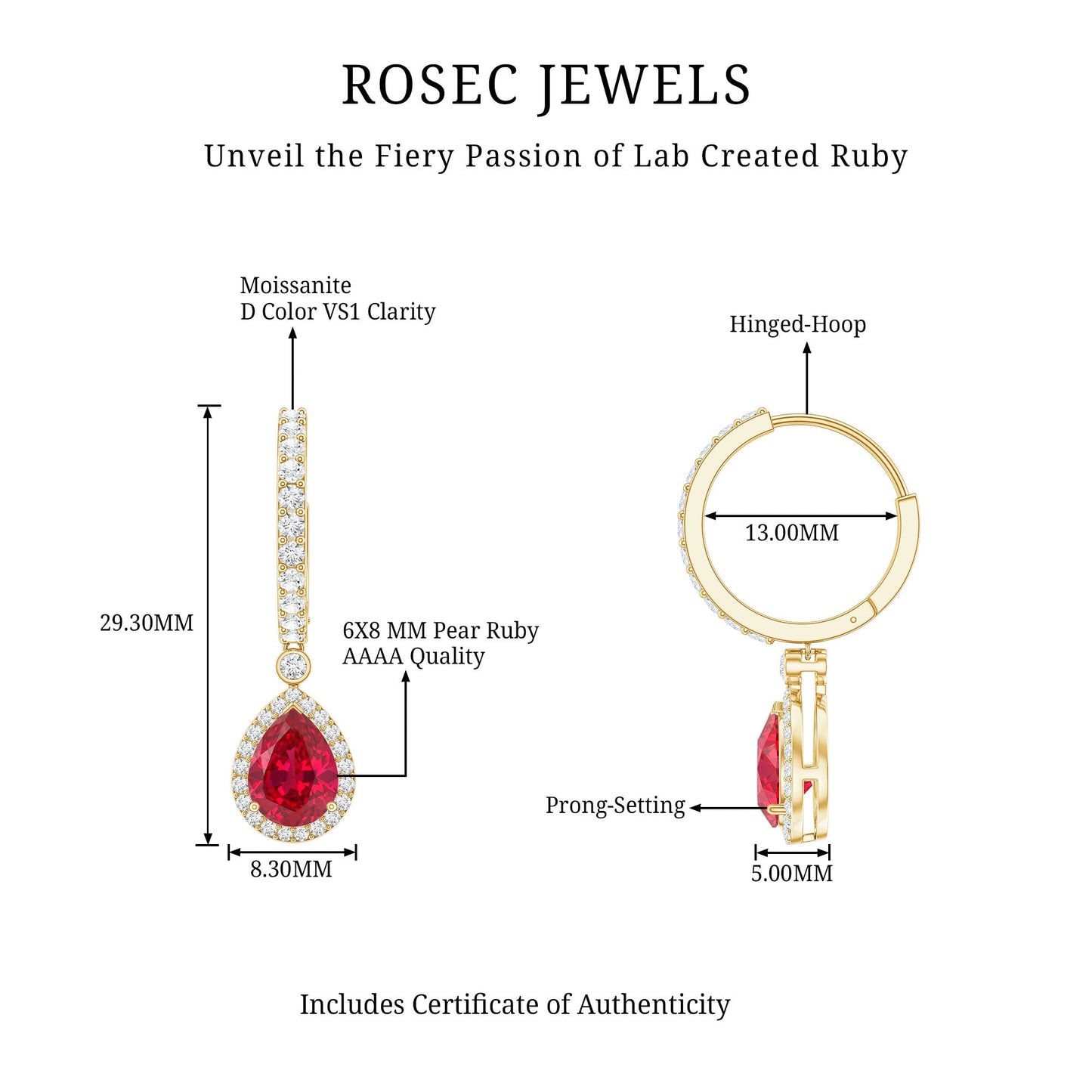 Lab Created Ruby and Moissanite Teardrop Hoop Earrings