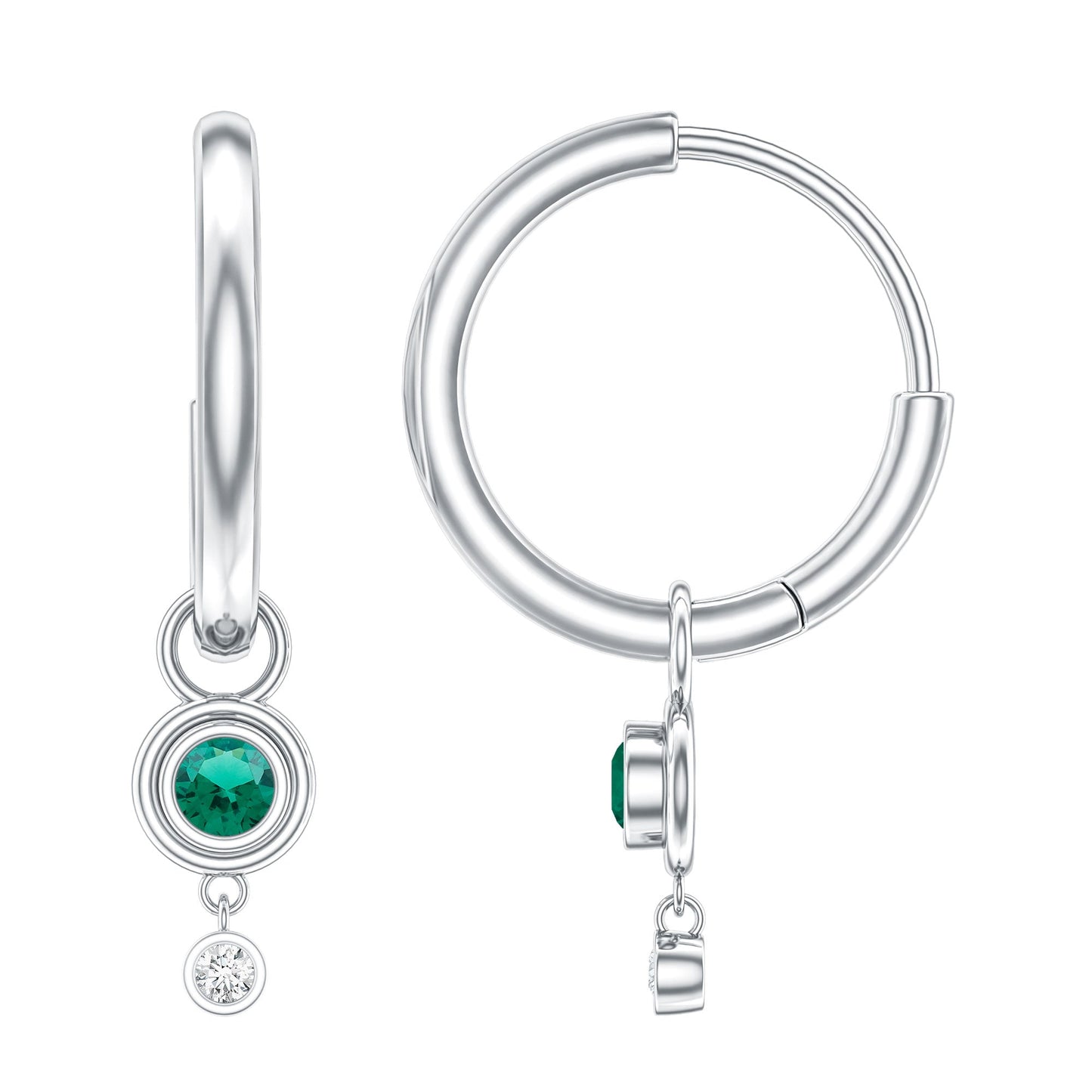 Certified Lab Grown Emerald and Diamond Drop Hoop Earrings