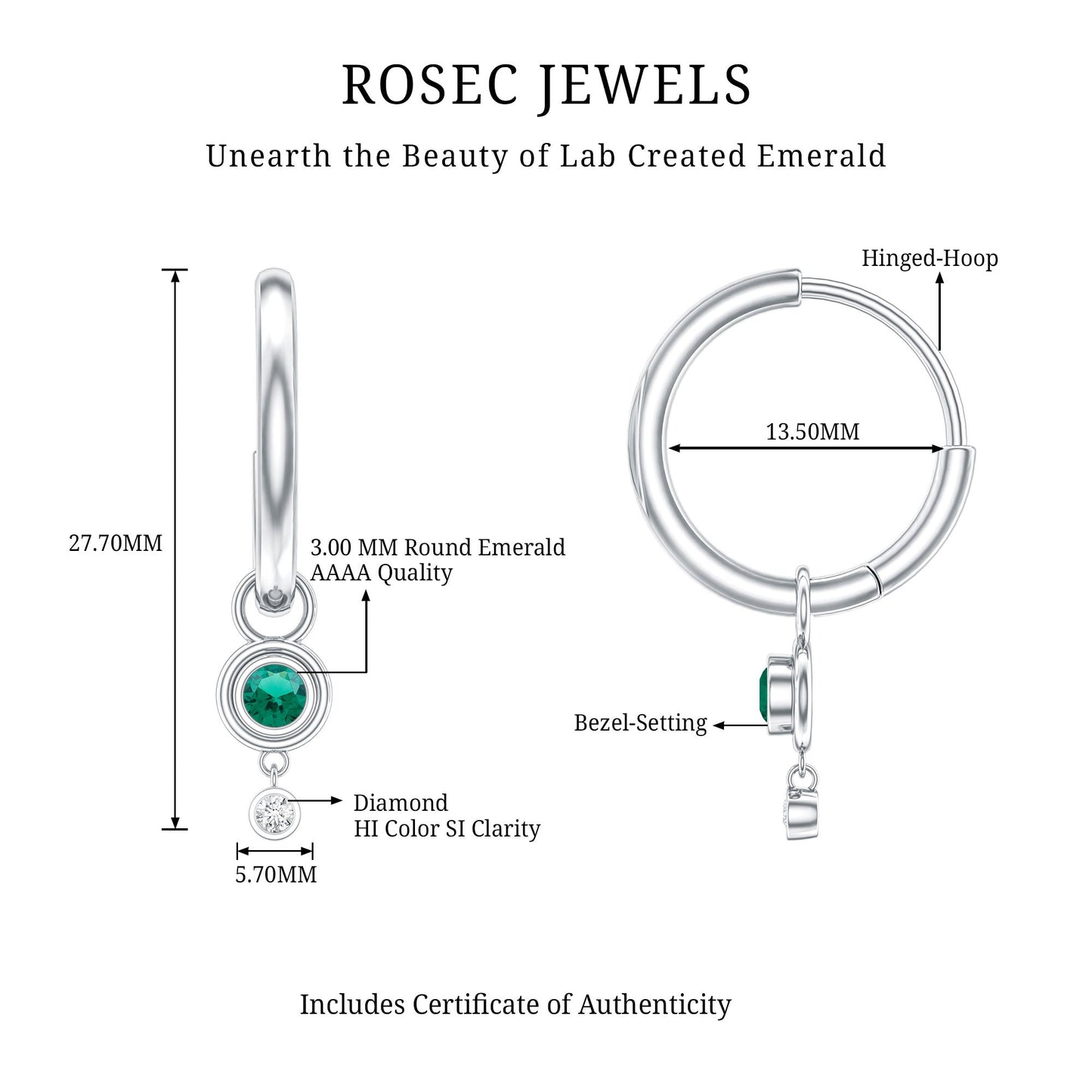 Certified Lab Grown Emerald and Diamond Drop Hoop Earrings