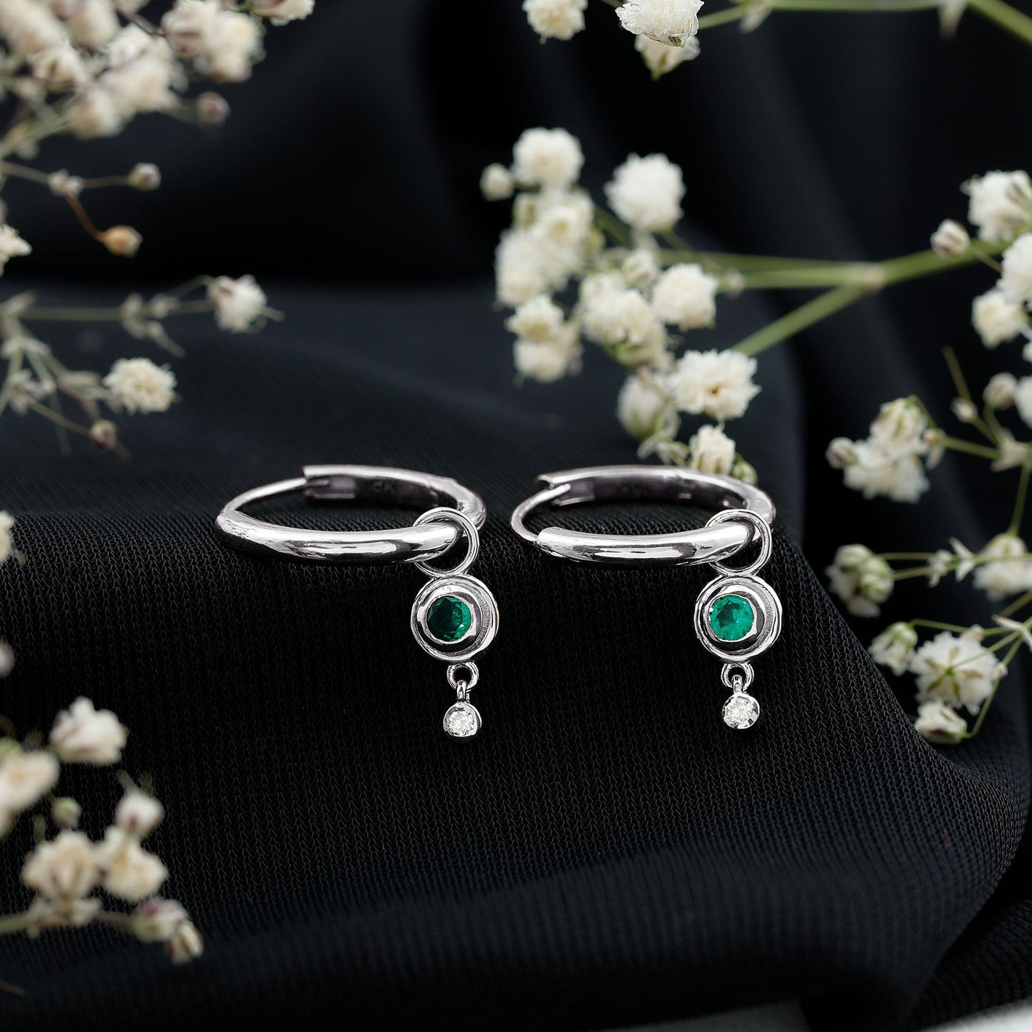Certified Lab Grown Emerald and Diamond Drop Hoop Earrings