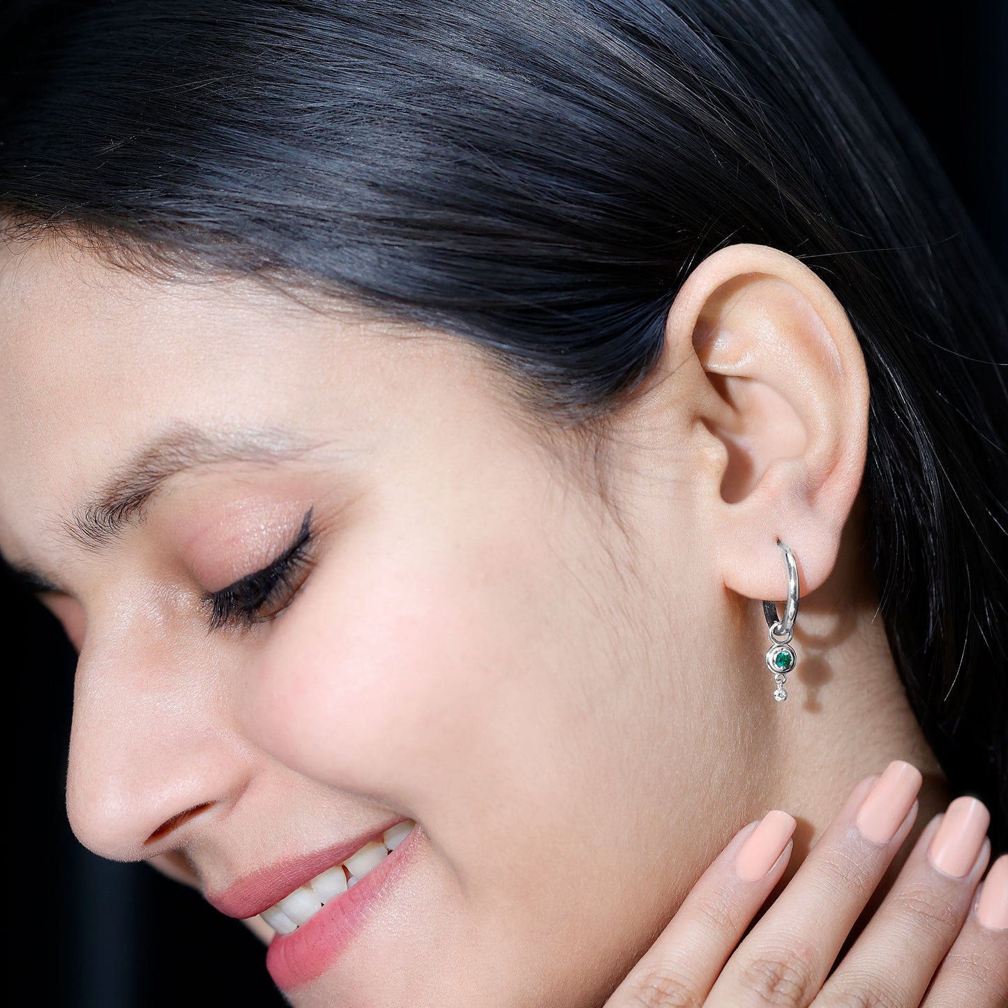 Certified Lab Grown Emerald and Diamond Drop Hoop Earrings