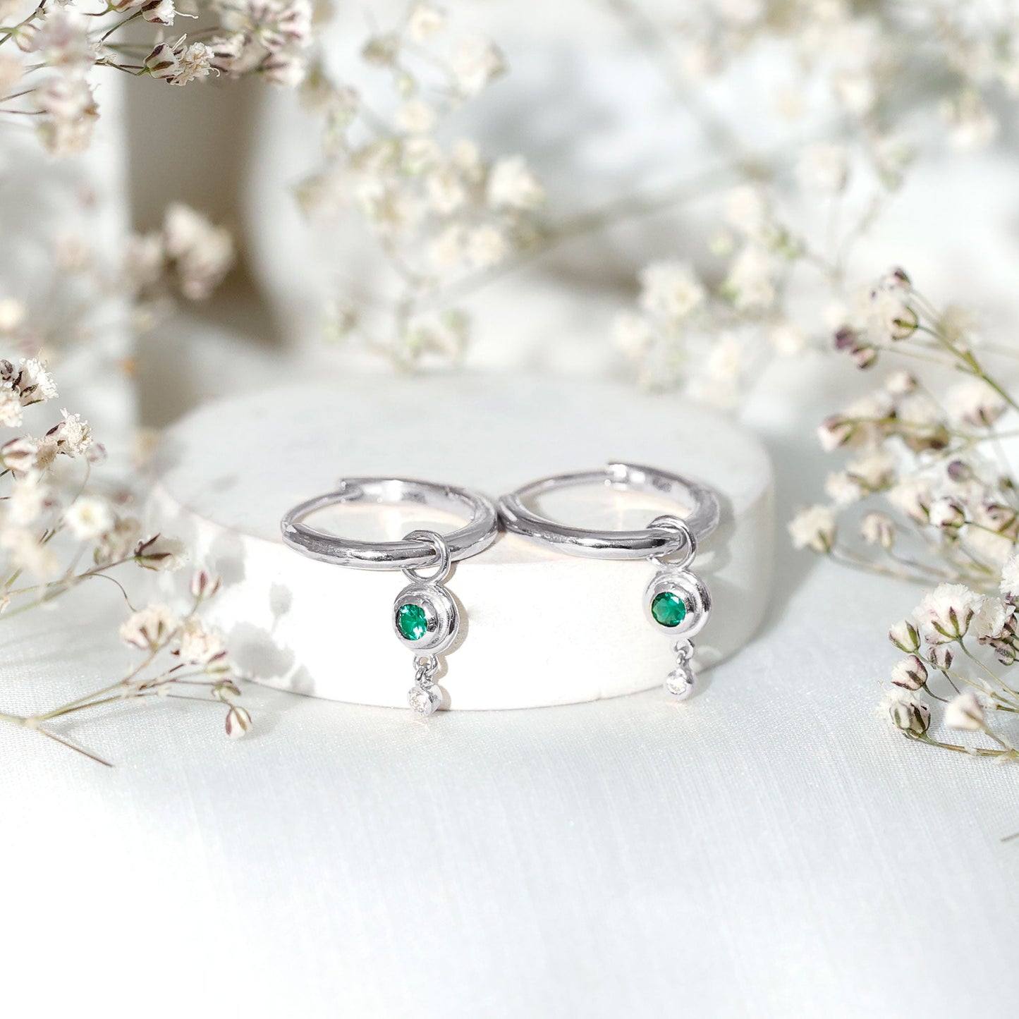 Certified Lab Grown Emerald and Diamond Drop Hoop Earrings