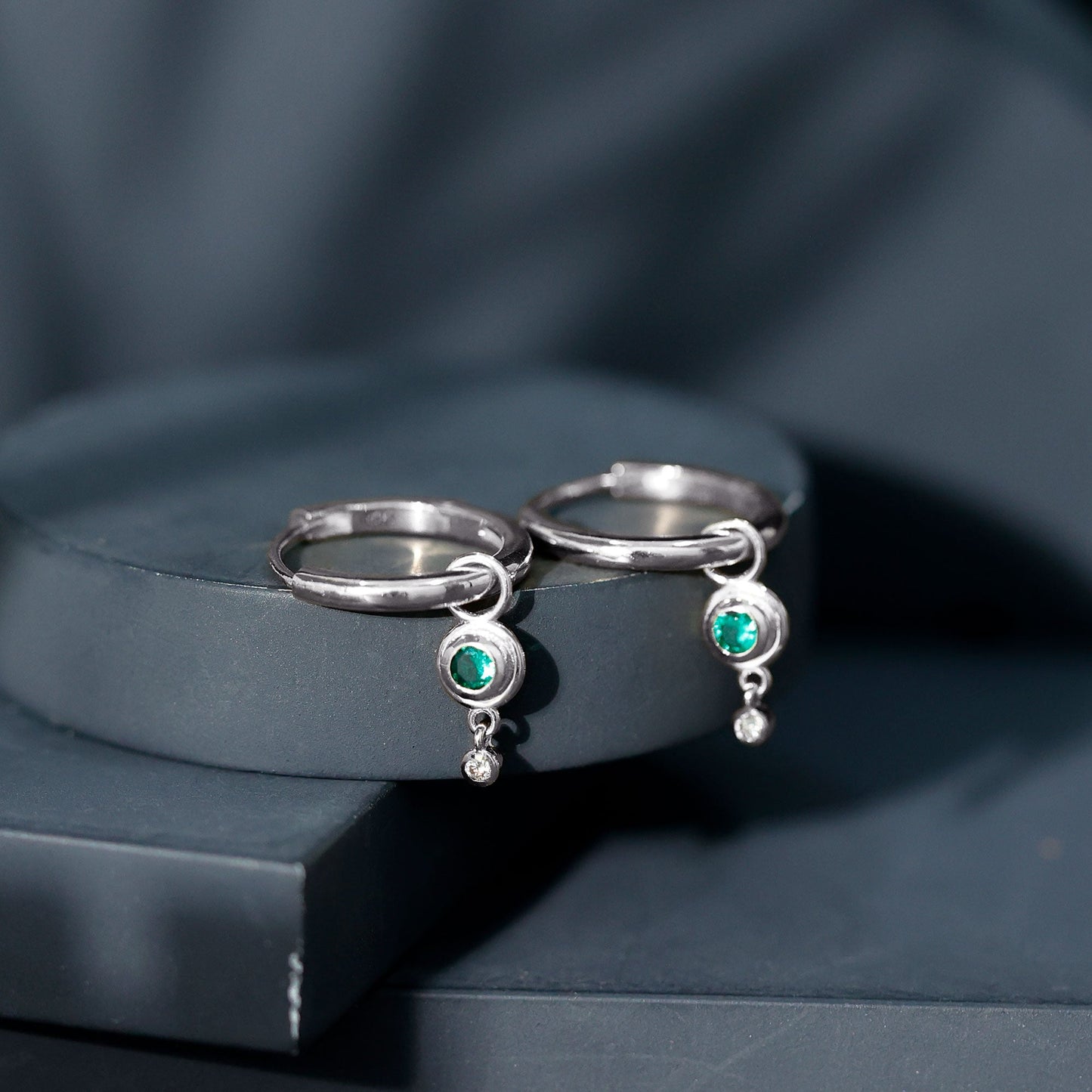 Certified Lab Grown Emerald and Diamond Drop Hoop Earrings
