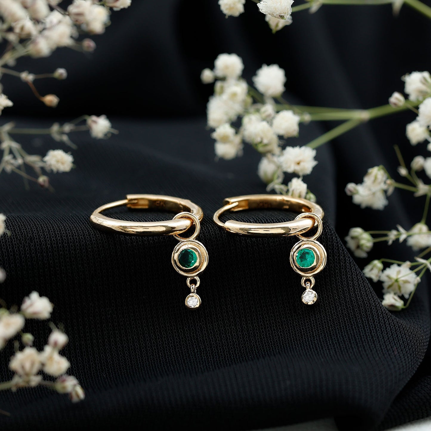 Certified Lab Grown Emerald and Diamond Drop Hoop Earrings