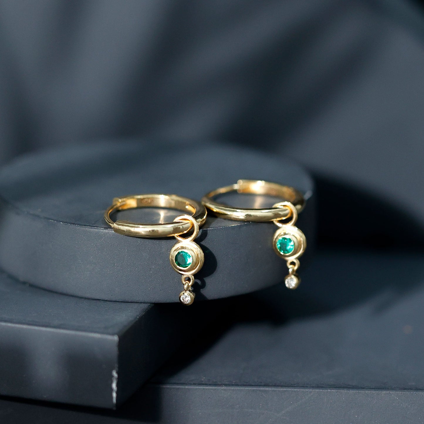 Certified Lab Grown Emerald and Diamond Drop Hoop Earrings