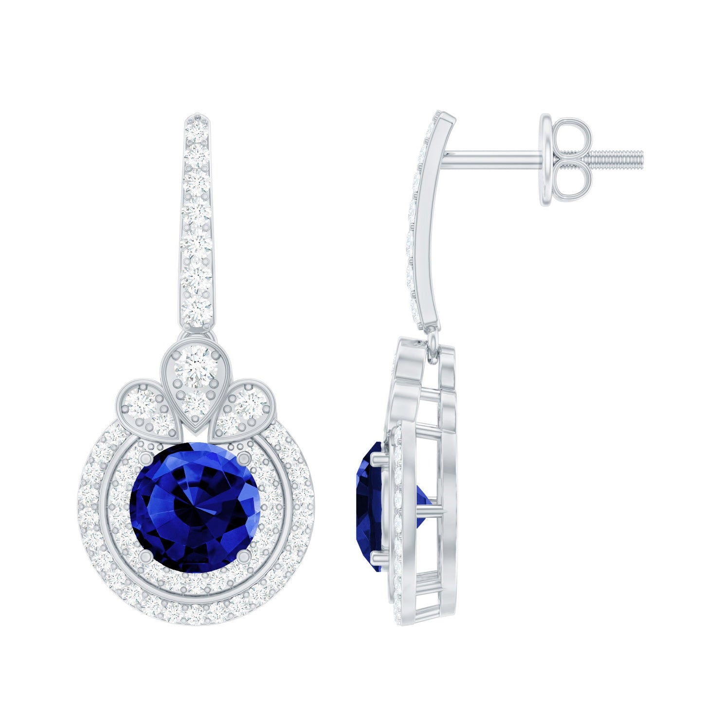 Classic Lab Grown Blue Sapphire Wedding Earrings with Diamonds Halo