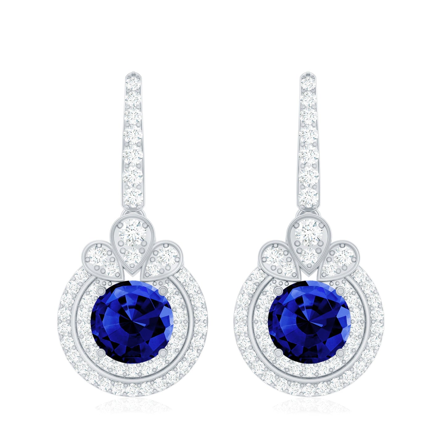 Classic Lab Grown Blue Sapphire Wedding Earrings with Diamonds Halo