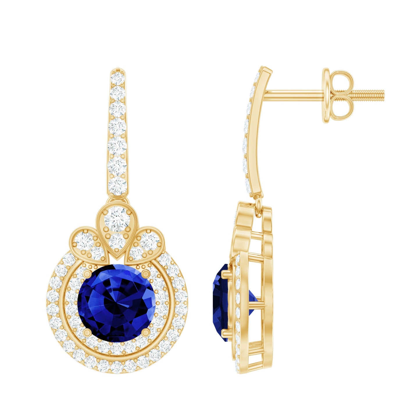 Classic Lab Grown Blue Sapphire Wedding Earrings with Diamonds Halo