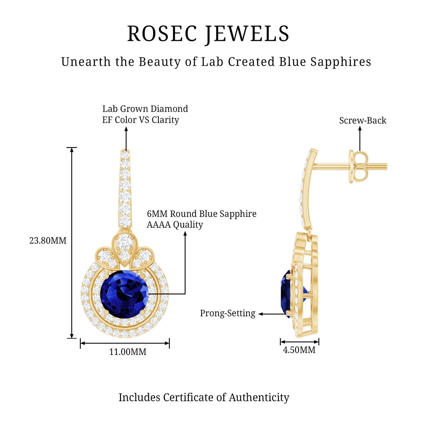 Classic Lab Grown Blue Sapphire Wedding Earrings with Diamonds Halo