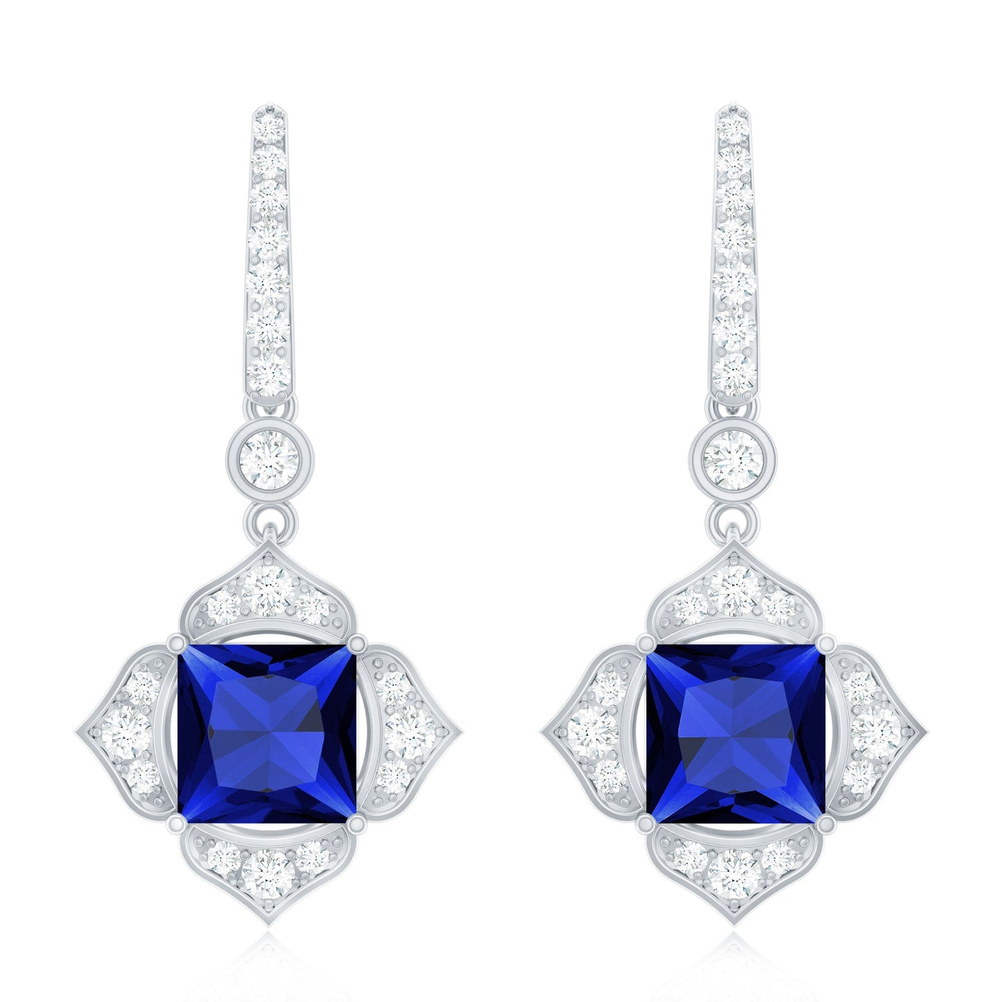 Lab Grown Blue Sapphire Floral Inspired Drop Earrings with Diamonds