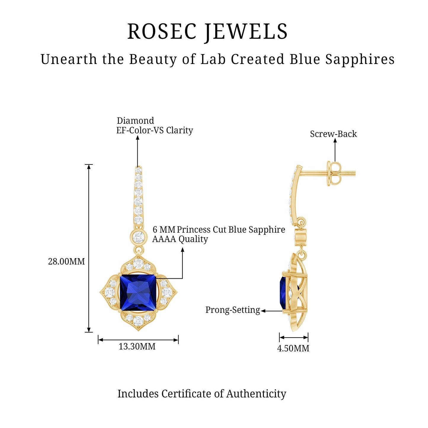 Lab Grown Blue Sapphire Floral Inspired Drop Earrings with Diamonds