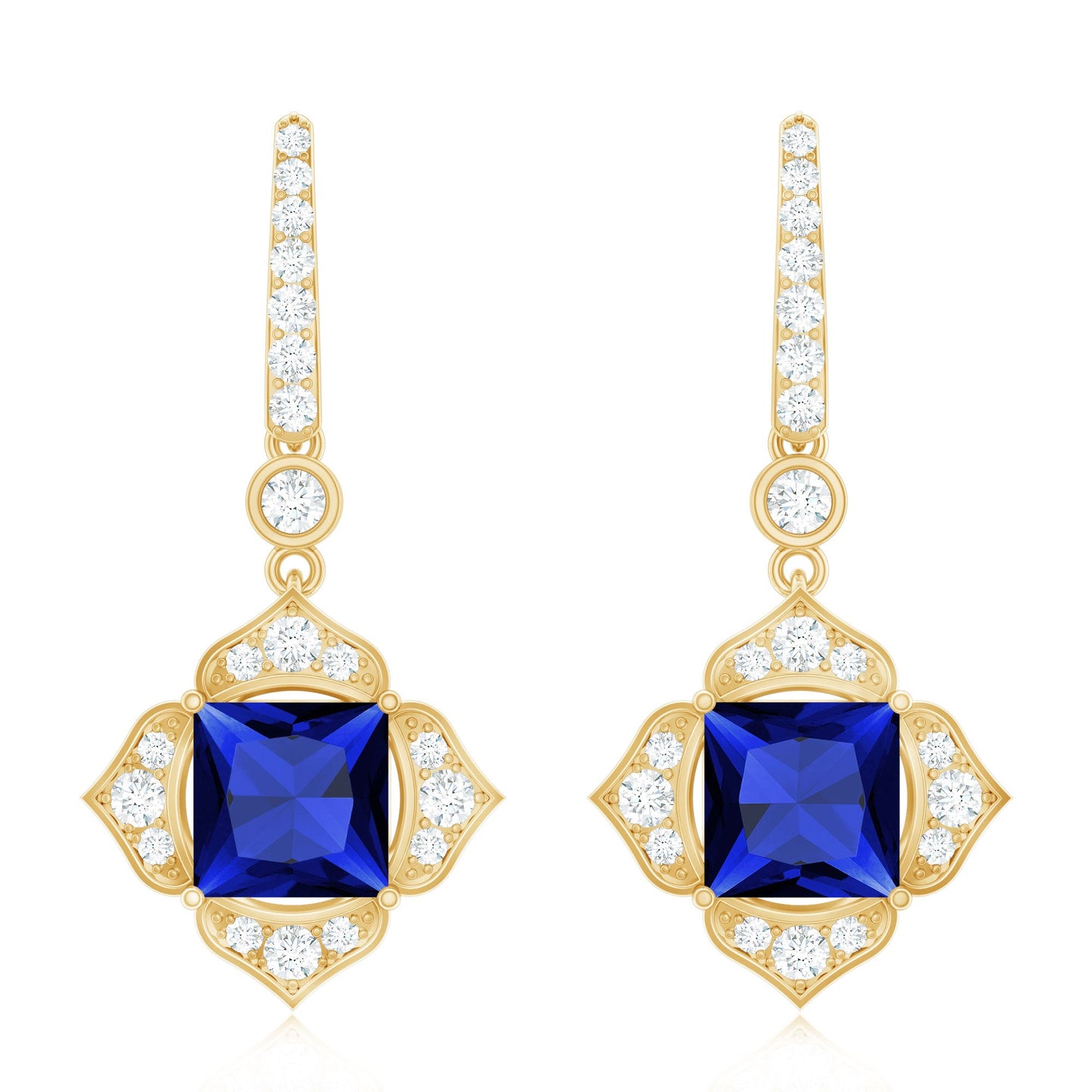 Lab Grown Blue Sapphire Floral Inspired Drop Earrings with Diamonds