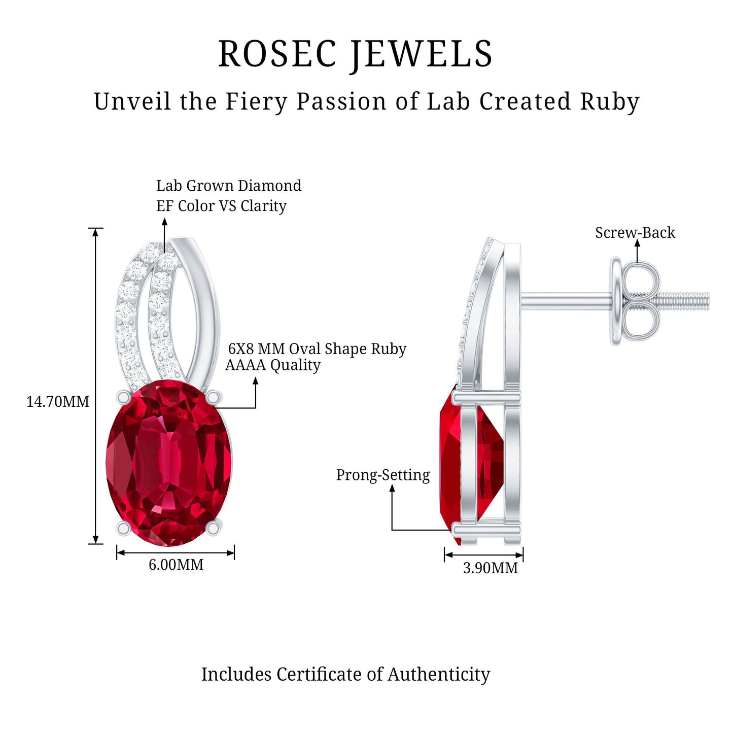 Certified Oval Lab Created Ruby Stud Earrings with Diamonds