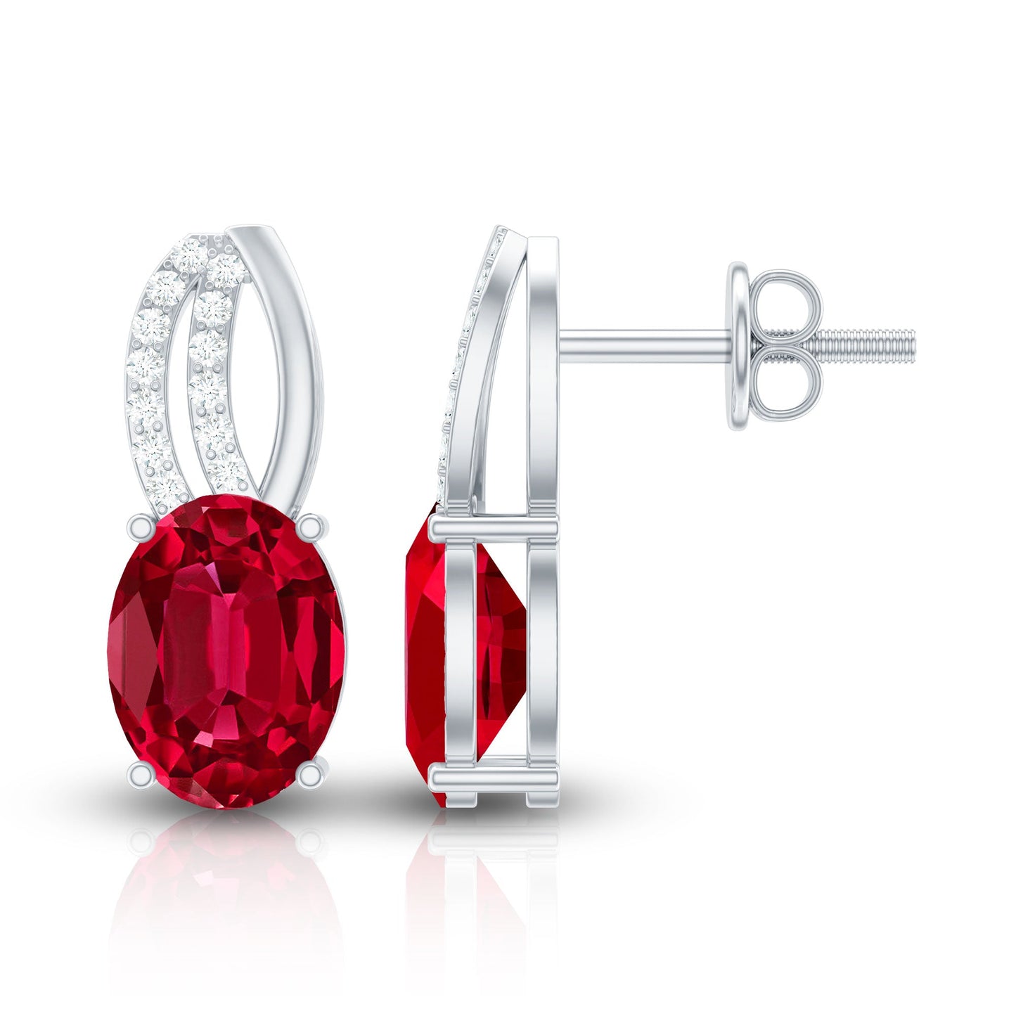 Certified Oval Lab Created Ruby Stud Earrings with Diamonds