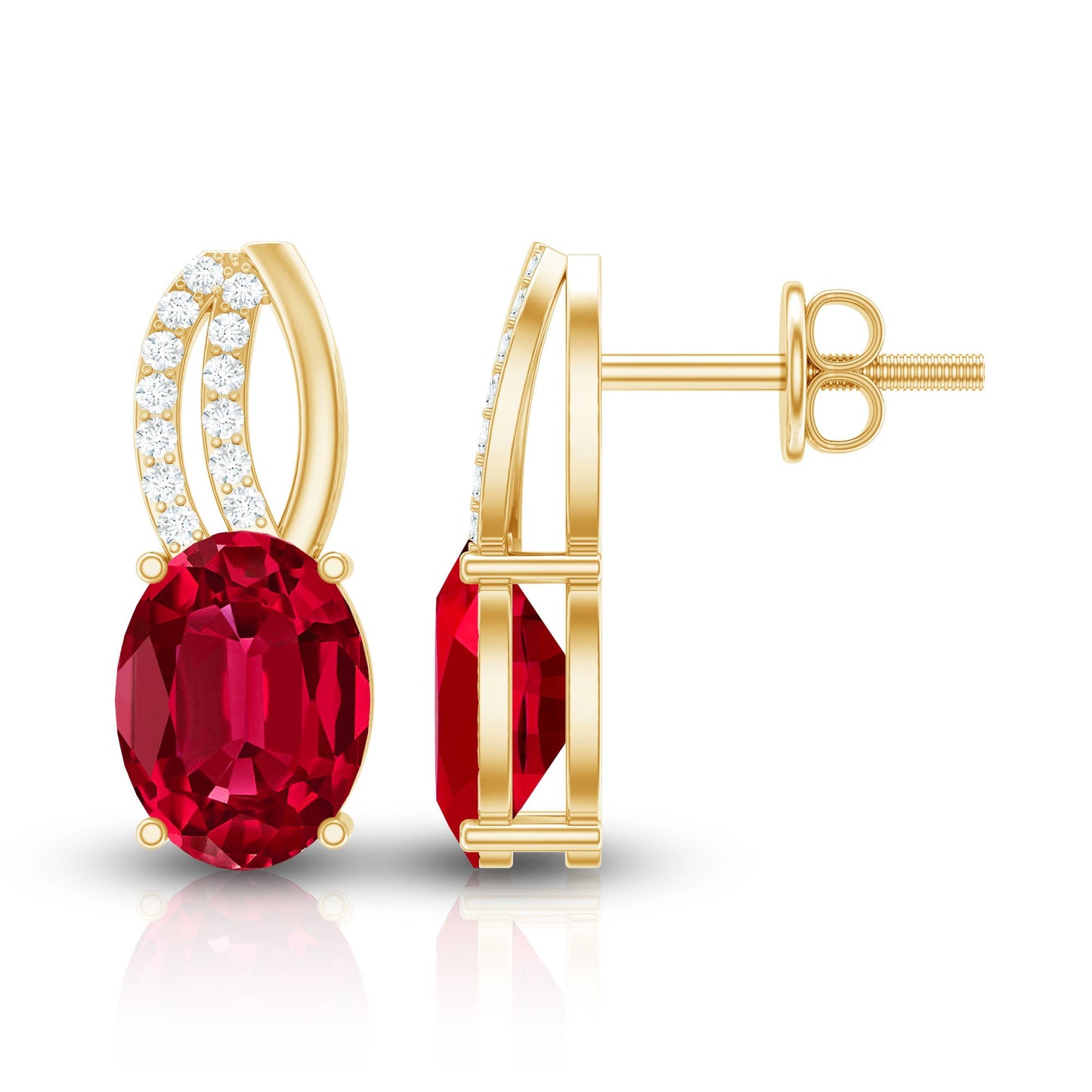 Certified Oval Lab Created Ruby Stud Earrings with Diamonds