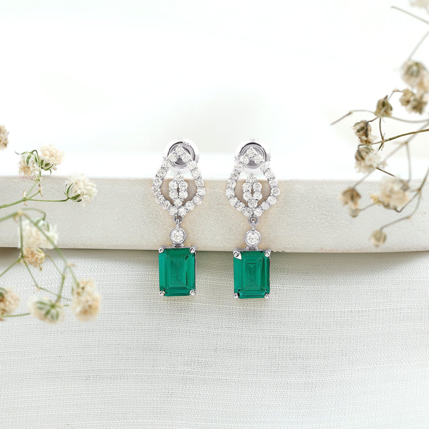 Art Deco Lab Grown Emerald Diamond Drop Earrings With Screw Back